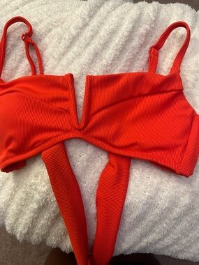 Bar III Red Ribbed V-Notch Bikini Top